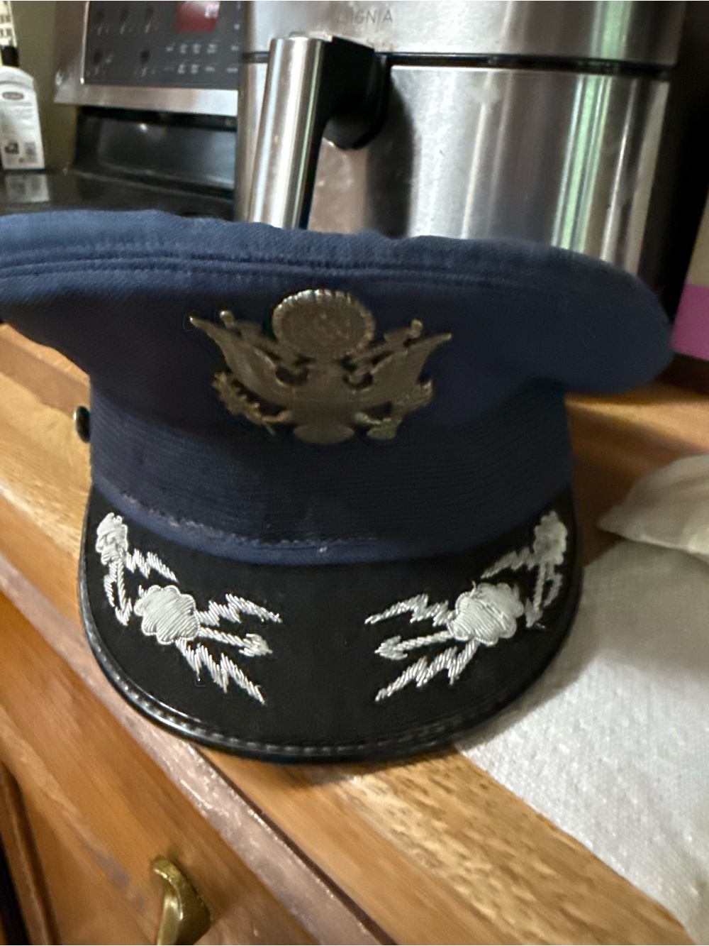 1960’s Navy Military Officer Hat with Embroidered Detail, Metal Insignia